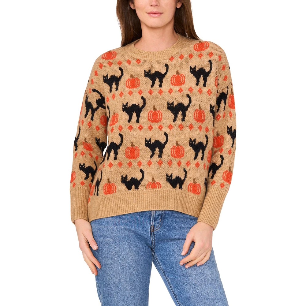 Vince Camuto Womens Halloween Black Cat Pumpkin Sweater Tan XXL NWT